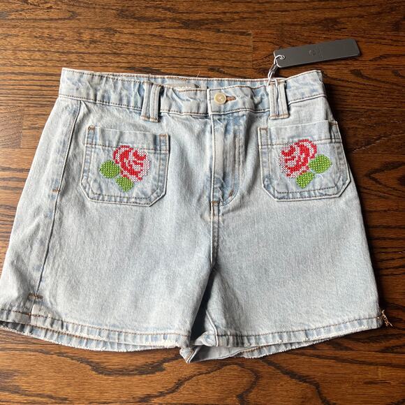New Tractr Girl's Rose Embroidery Cut Off Loght Wash Denim Jean Shorts - 14 - Picture 1 of 3